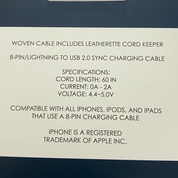 VERA BRADLEY 5’ Long 8-Pin Charging Woven Cable with Leatherette Cord Keeper - Picture 4 of 5